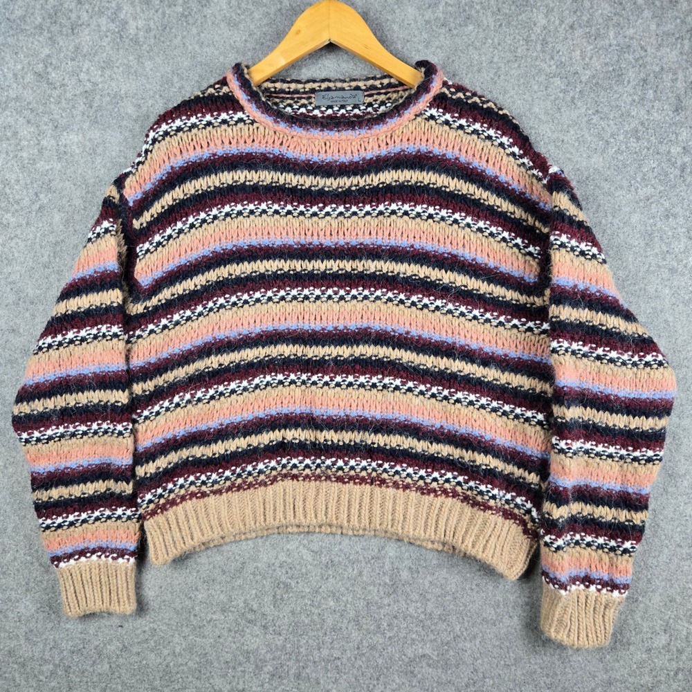 Elsamanda Striped Alpaca Blend Sweater Womens Large Tan Multi Chunky Knit Italy